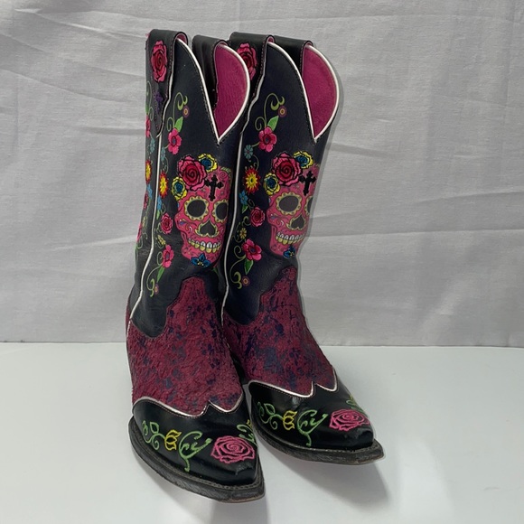 ARIAT Live Out Loud Pink Sugar Skull Gypsy Rose embroidered Cowboy Boots 7 7.5 - Picture 9 of 12